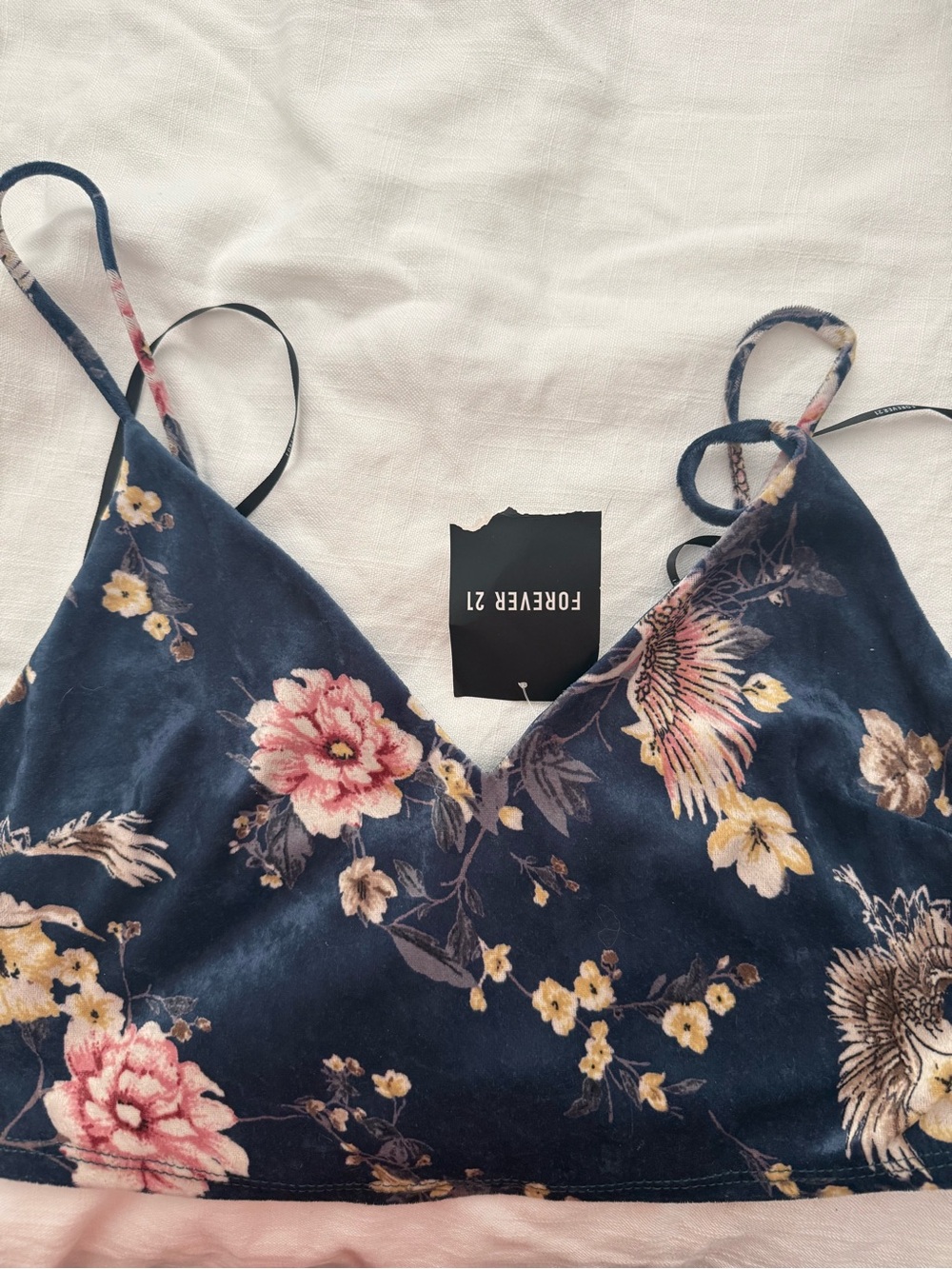 Forever 21 Teal and Navy Floral Velvet Crop Top